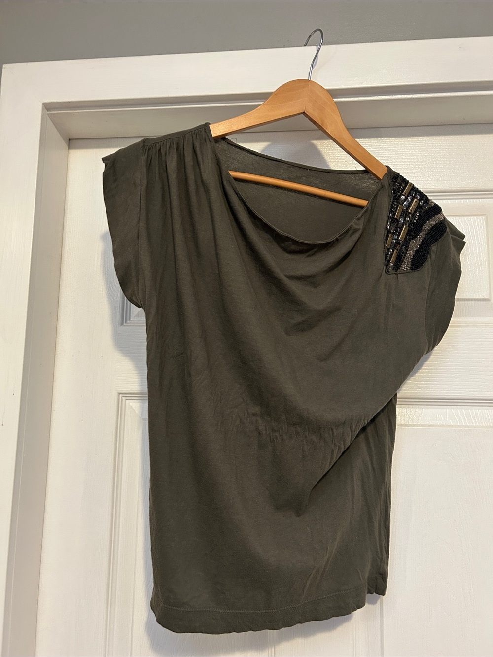 Olive Asymmetric Short Sleeve Tee with Beaded Shoulder